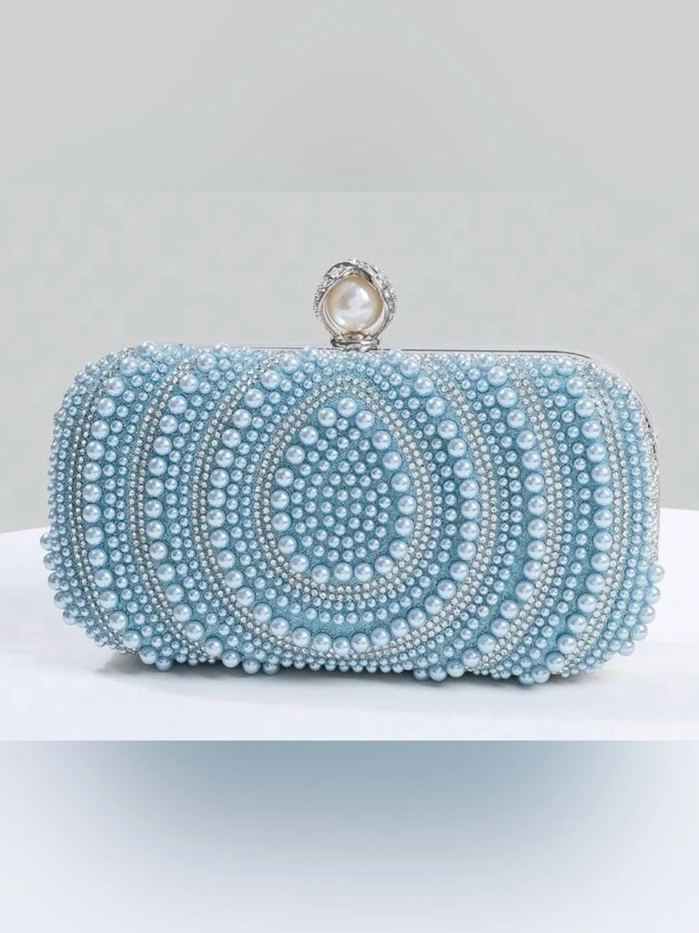 Pearl & Crystal Embellished Clutch - Blue